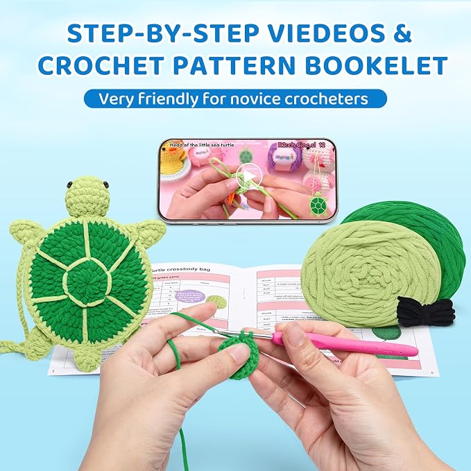 Mewaii Turtle Crossbody Bag Crochet Kit for Beginners, 40% Extra Yarn | Video Tutorial, Pre-Started Piece, Gift Box, Level 1 Starter Kit, Family Craft for Adults, Kids & Beginners