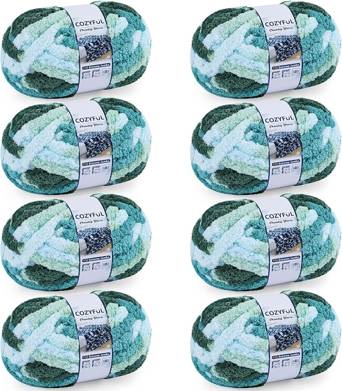 Cozyful Chunky Yarn for Hand Knitting - #10 Chunky Chenille Blanket Yarn, Jumbo Big Thick Chunky Yarns for Crocheting, Tie Dye Bulky Knit Yarns, 8 Skein (20 yds 8 oz Each Skein), Forest&Teal&Sky&Mint