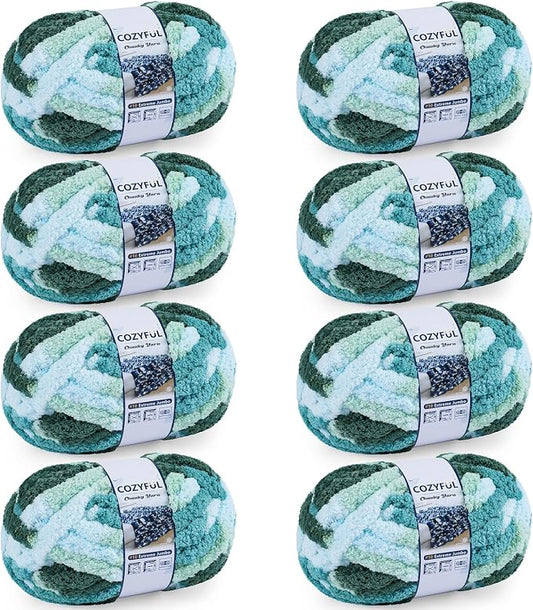Cozyful Chunky Yarn for Hand Knitting - #10 Chunky Chenille Blanket Yarn, Jumbo Big Thick Chunky Yarns for Crocheting, Tie Dye Bulky Knit Yarns, 8 Skein (20 yds 8 oz Each Skein), Forest&Teal&Sky&Mint
