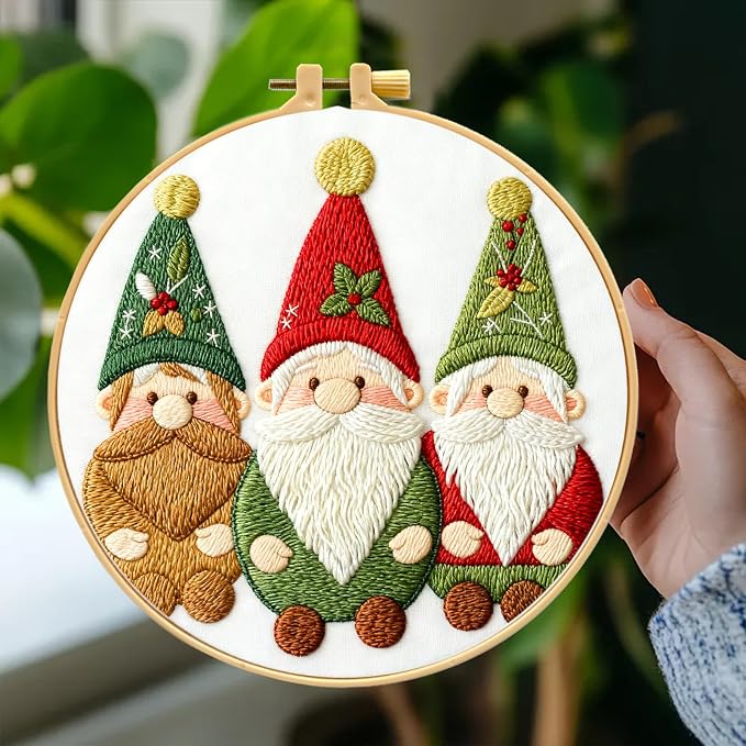 Zhenqing Christmas Gnome Embroidery Kit for Beginners, 3 Gnomes Needlework Kit with Pre-Printed Cotton Fabric, Hoop, Threads & Tools (C0028)