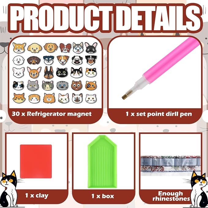 Remuuly 30 Pcs Cat and Dog Diamond Painting Magnets Diamond Art Magnets Kit | Diamond Art Kits for Adult, Refrigerator Magnet, 5D Rhinestone Fridge Magnetic Sticker, Diamond Club Gift, Beginner DIY Craft