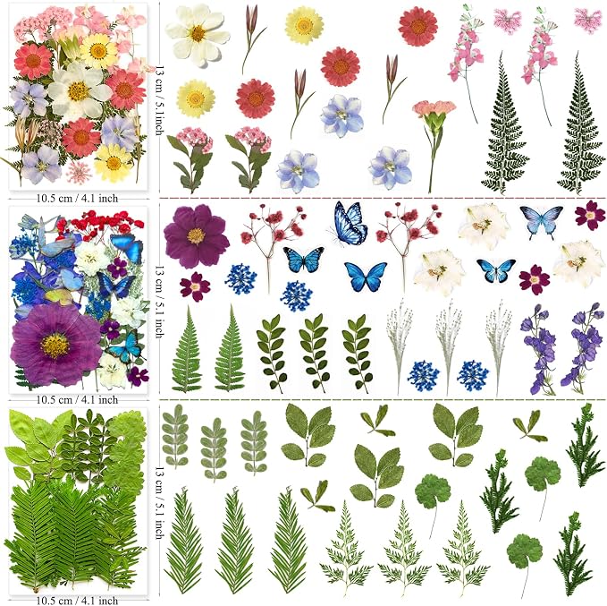 MIKIYA 133Pcs Dried Pressed Flowers for Resin Molds, Assorted Real Natural Bulk Dry Floral Leaves for DIY Art Crafts, Epoxy Jewelry, Soap, Candle Making, Nails Decor