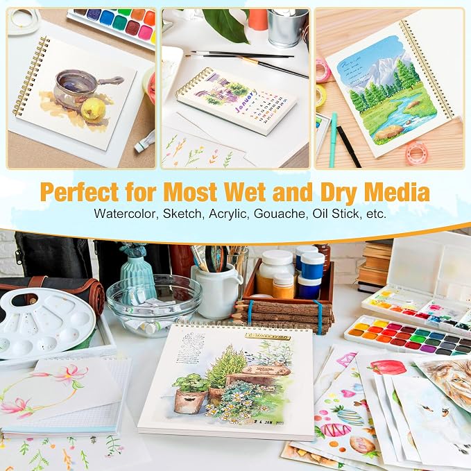 Creazic 5.5"x5.5" Square Watercolor Sketchbook (140lb/300g) - Artist-Grade Paper, Spiral Bound w/Tear Line. Compact Travel Notebook for Watercolor, Hand Lettering & Sketches - Ideal for Kids & Adults