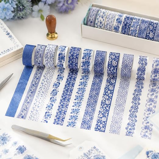 12 Roll Floral Washi Tape Set Flower Decorative Masking Tape for Scrapbook | Blue-and-White Porcelain in Chinese Style Washi Tape Set for Back to School Arts DIY Craft Scrapbook Journal Supplies Gifts