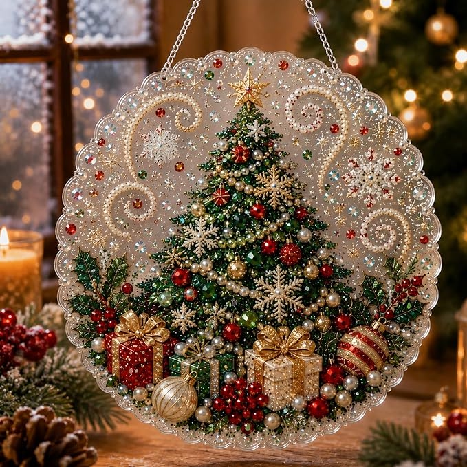 Christmas Pearl Diamond Painting Suncatcher Kit, DIY Craft (#C, 12in)