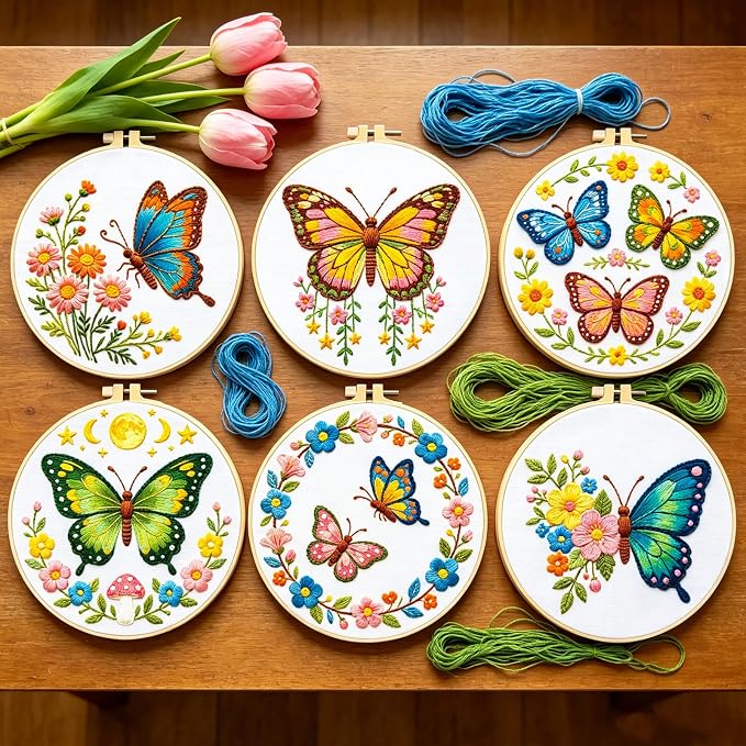 BEUNITONE 6 Set Embroidery Kit for Beginner Adults, Colorful Butterfly Floral DIY Cross Stitch Set with Stamped Pattern Hoops Threads Cloth Needles, Embroidery Starter Kit for Home Decor and Gifting