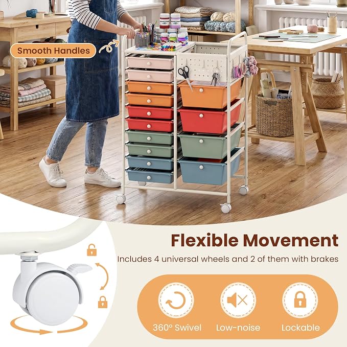 Giantex 14 Drawer Storage Cart, Rolling Craft Cart with Metal Tabletop & Pegboard, Mobile Utility Organizer Trolley with Locking Wheels, Home Office, Macaron Multicolor