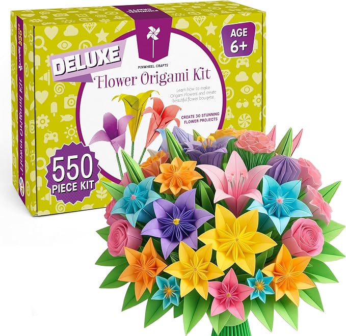Pinwheel Crafts Flower Origami Kit for Kids Ages 8-12, 550 Pcs | 350 multicolor folding sheets, 100 chenille stems, 100 buttons and gems, booklet, makes 3D paper flowers, gift for girls