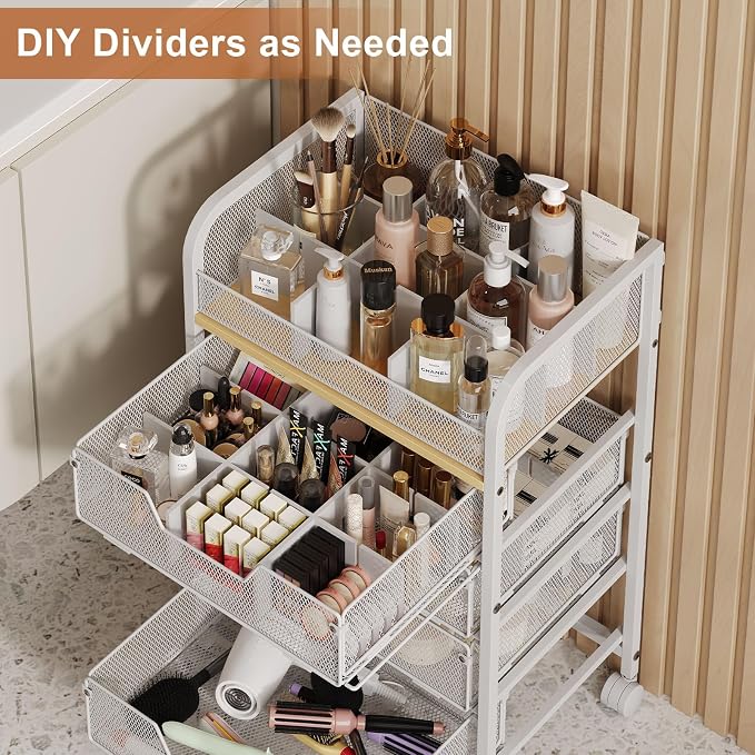 5-Tier Craft Organizer Cart with 5 Sets of DIY Dividers,Craft Organizers and Storage with Drawers,Lockable Wheels Rolling Utility Cart on Wheels,Art Supply Organizer,Ideal for Studio,Office,White