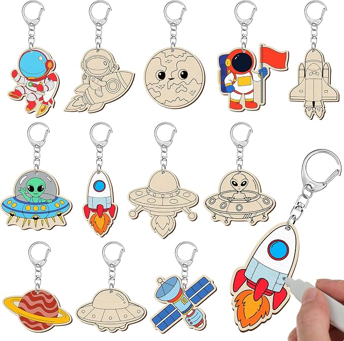 Trnayi 36 Pcs Outer Space Wood Keychain Color Your Own DIY Craft | Outer Space Wooden Keychain, Color Your Own Unfinished Craft, Star Planet Wood Painting DIY Craft, for Party Art Project