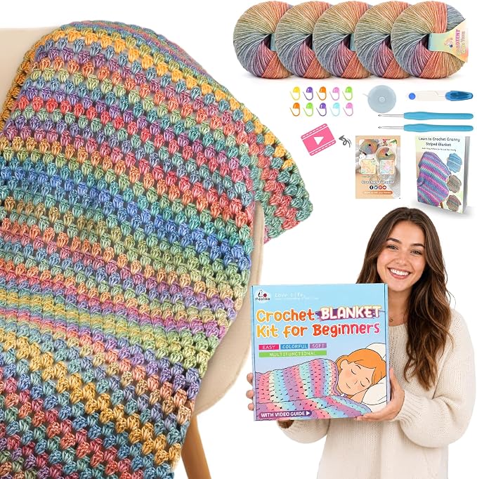 Aeelike Crochet Blanket Kit for Beginner, Easy Blanket Crochet Kit, Rainbow