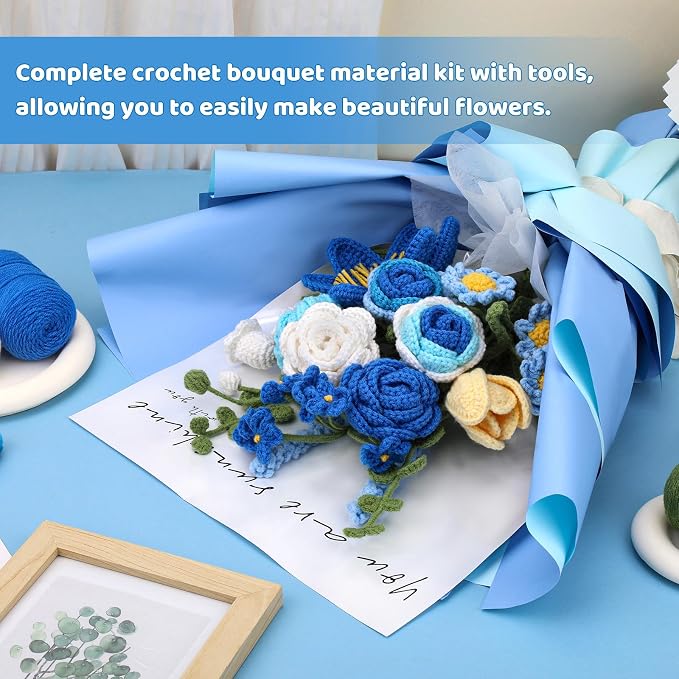 Iuuidu Crochet Kit, Flower Bouquet Crochet Kit for Beginners Blue