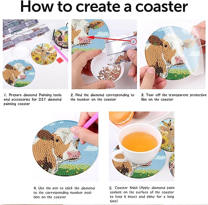 askkqtx 8 Pcs Cow Diamond Art Coasters Kits with Holder 4X4 Inch