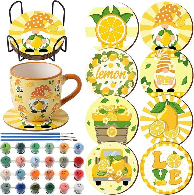 Reallnaive 8 Pcs Lemon Paint by Numbers Kit for Adults Wooden Coasters | Mini Paint by Numbers, Tiny Yellow Gnome Round Oil Painting Drink Coaster with Holder, for Small DIY Craft Birthday Gift