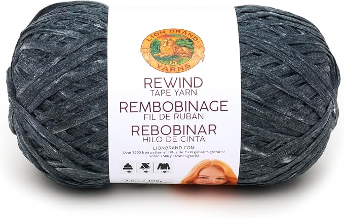 Lion Brand Yarn, Rewind Bulky Flat Tape Yarn for Crochet, Knitting and Crafts, Moto Jacket, 1 Pack, Soft Fiber for Bags, Summer Hats, and Shawls, Dark Grey