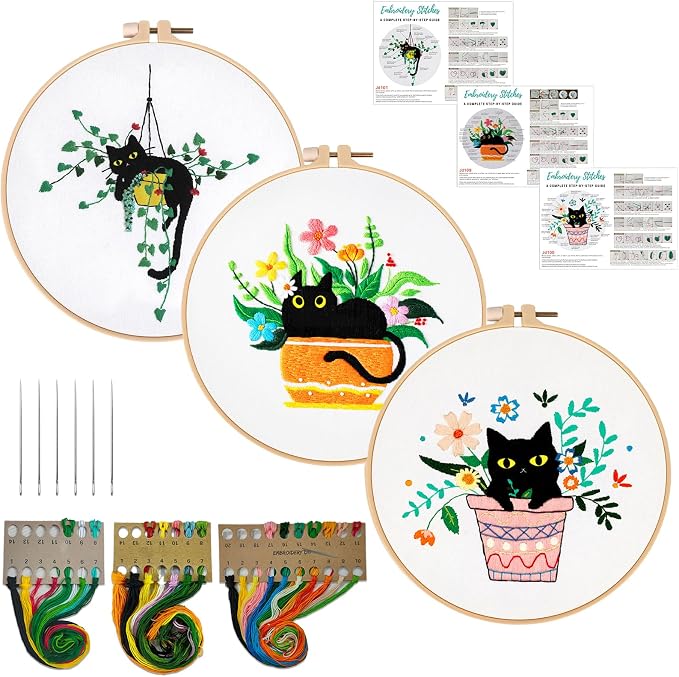 Nuberlic 3 Pack Embroidery Kit for Beginners with Cat Pattern