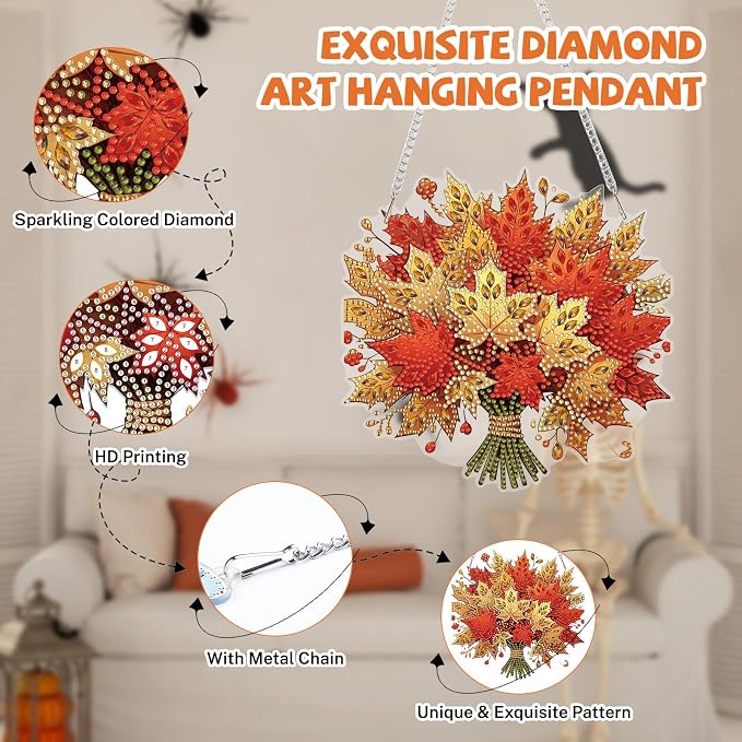 Bowetile Maple Leaf Diamond Art Hanging Kits for Adults, Autumn Diamond Art Suncatchers, 5D Special Shape Fall Diamond Painting Pendant Window Ornament Halloween for Home Door Wall Decor