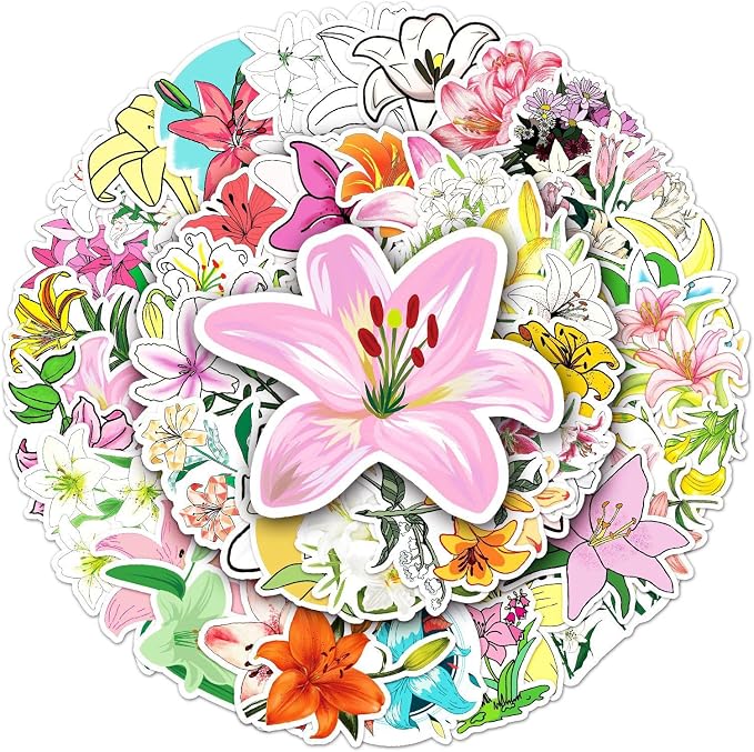 Lily Flower Stickers Pack 50 PCS, Botanical Aesthetic Vinyl Waterproof Die-Cut Floral Sticker for Water Bottle Laptop Cars Guitar Skateboard Bumper Vintage Waterproof for Teens Adults (Colourful-F12)