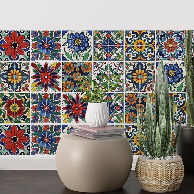 30 Pcs Mediterranean Style Peel and Stick Wall Tile Decals - Waterproof Vinyl Stickers for Kitchen Backsplash, Bathroom, Stair Riser Decor - Spanish Floral Pattern - 4x4 Inch