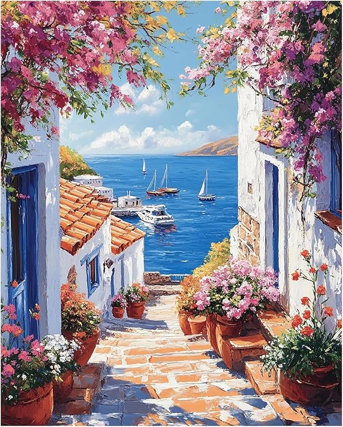 AUKELHJ Paint by Numbers Kit for Adults Beginner, Seaside Town, 16X20 Inch | Paint by Number for Adults, Beginner Friendly, High-Definition Color Canvas, Stress Relief, Home Decor, Gifts, Unframed