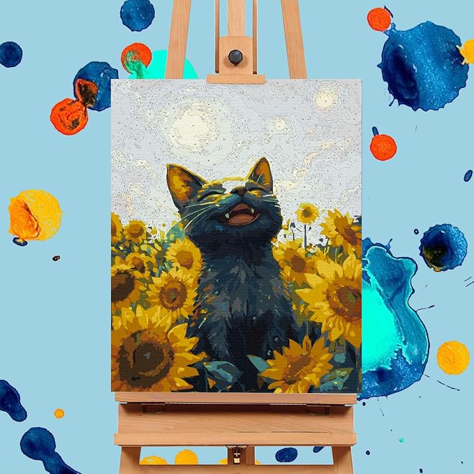 Paint by Numbers Kit for Adults, Sunflowers Black Cat Canvas Painting Set | 16x20 Inch, DIY Acrylic Number Painting Craft Kit for Adults Beginners, Home Wall Decor, Stress Relief Relaxing Hobby Gift