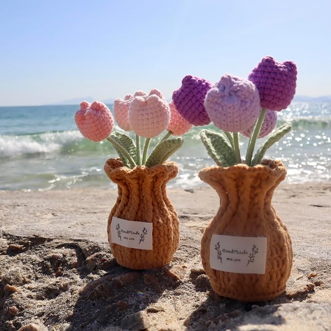 Tulip Crochet Flower Potted Plant Handmade Desk Decor Gift