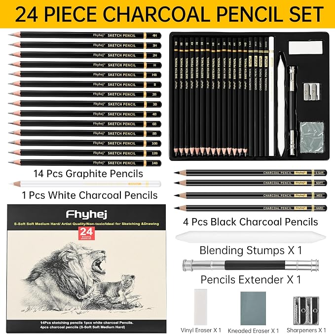 Sketch Drawing Pencil Set, 24 Pcs, Graphite Pencils (14B-4H) | Art Pencil Kit with Black and White Charcoal Pencils, Charcoal Sticks, Stumps, Eraser, Sharpeners, Sketch Set for Artists