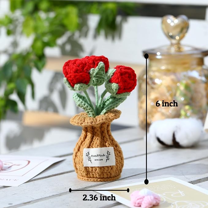 Crochet Rose Flower Potted Plant – Red, Valentines Day Gift for Her, Handmade Knitted Romantic Desk Decor
