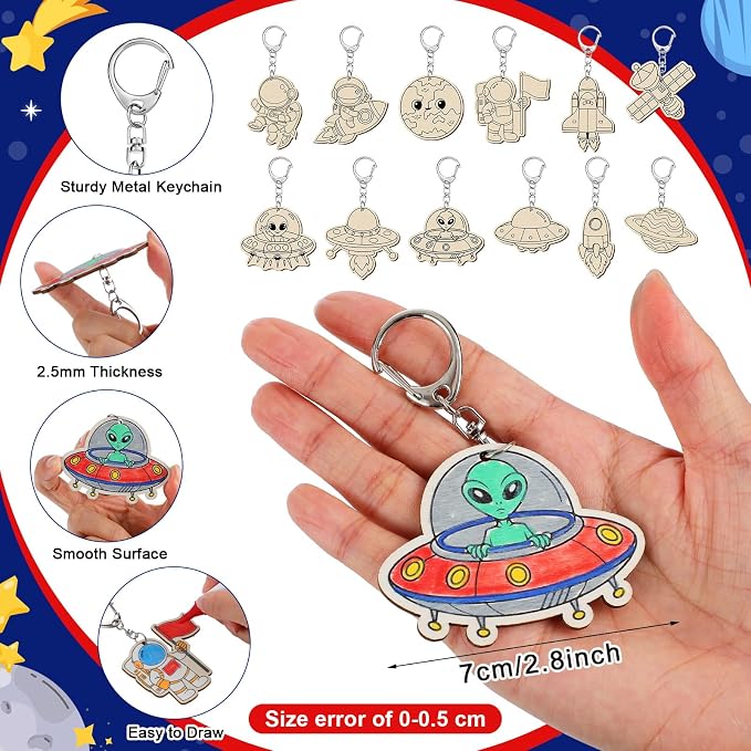 Trnayi 36 Pcs Outer Space Wood Keychain Color Your Own DIY Craft | Outer Space Wooden Keychain, Color Your Own Unfinished Craft, Star Planet Wood Painting DIY Craft, for Party Art Project