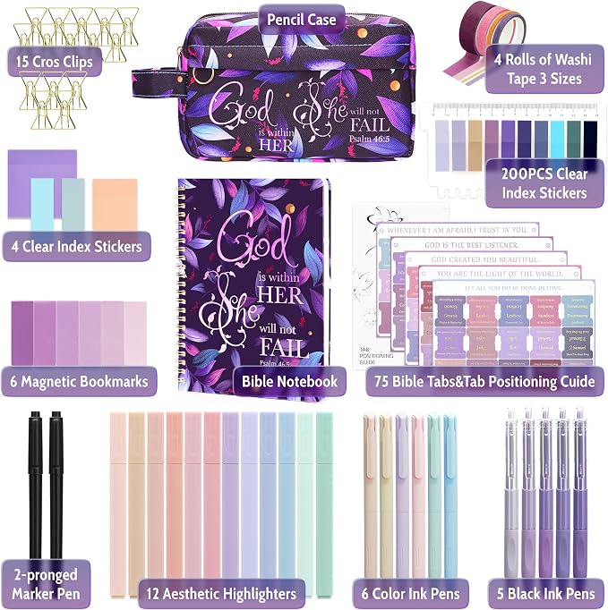 48 Pcs Bible Study Supplies for Women, Bible Journaling Kit Includes Bible Pencil Case, Tags, Pens, Highlighters, 4 Color Clear Sticky Notes, Notebook, 15 Clips, 4 Rolls of Washi Tape & More (Purple)