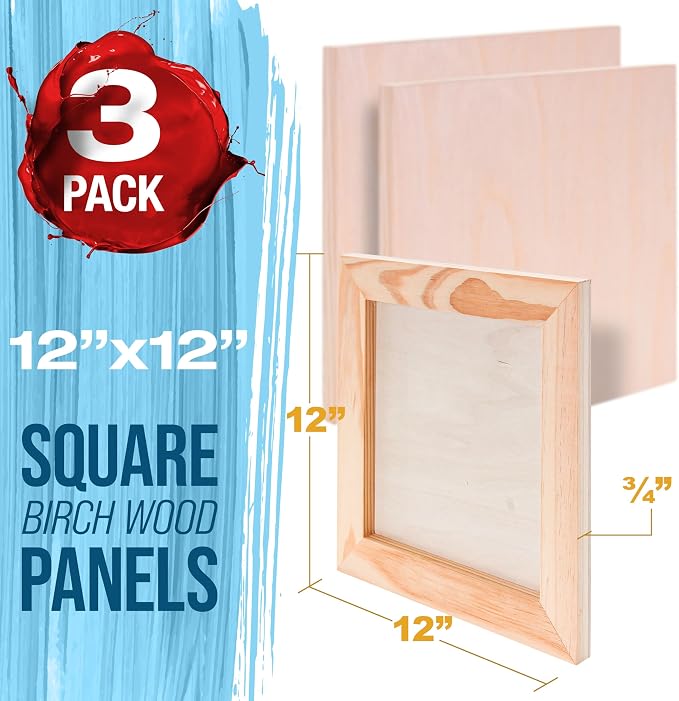 U.S. Art Supply 12" x 12" Unfinished Cradled Wood Panels for Painting