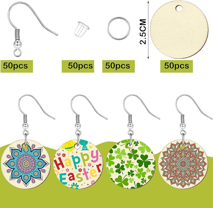 Hicarer 200 Pieces Unfinished Wooden Earrings Blank Round Wood Pendants