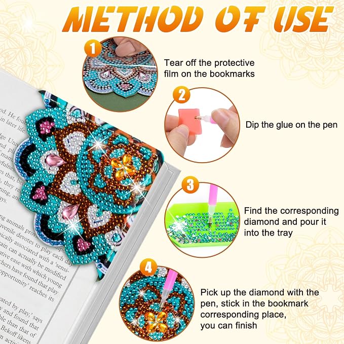 WIVICO 6Pcs Diamond Painting Bookmarks, Diamond Pearl Art Kits for Adults | DIY Diamond Dots Paint By Numbers Kit,Gifts for Book Lovers(Mandala Flower)