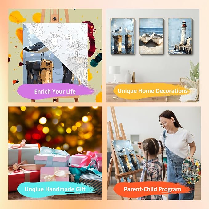 Mandun Beach Paint by Numbers Kit for Adults, 3 Pack, 7.8x11.8 inch | DIY Painting Kits Crafts for Adults, Relieve Stress, Frame Canvas, Wooden Easel, Gift Box, Home Wall Decor