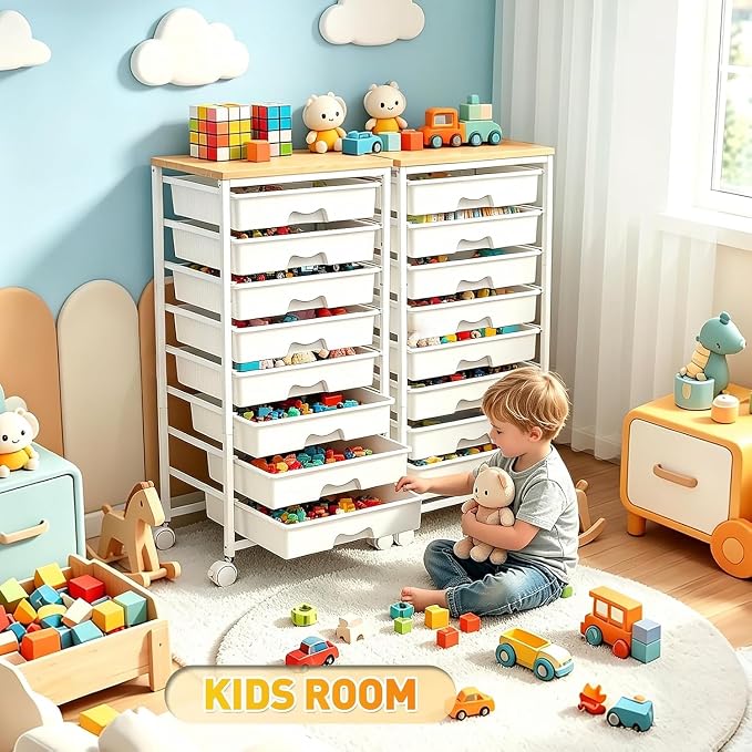 SUNALLY Rolling Cart With 8 Drawers,Storage Drawer Cart for Craft Art,White | Storage Utility Cart with Wooden Tabletop & 2 Lockable Wheels, Teacher Storage Cart for Classroom School Storage, Makeup,Nail