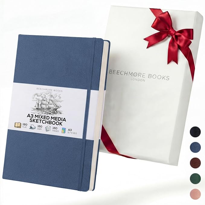 Beechmore Books A3 11.7x16.5 Mixed Media Sketchbook 160 GSM/98lb, Gift Box | Hardcover Drawing Pad with Lay-Flat Binding, Extra Large Perforated Ivory Paper for Studio Drawing & Watercolor Work