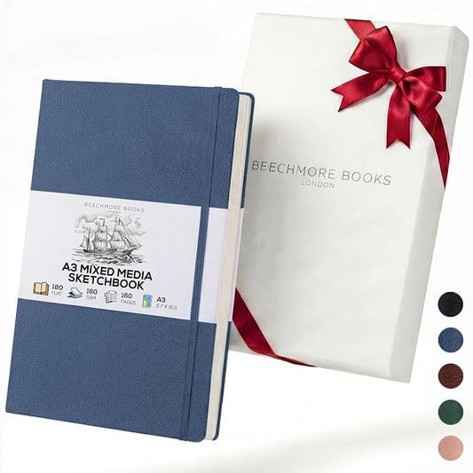 Beechmore Books A3 11.7x16.5 Mixed Media Sketchbook 160 GSM/98lb, Gift Box | Hardcover Drawing Pad with Lay-Flat Binding, Extra Large Perforated Ivory Paper for Studio Drawing & Watercolor Work