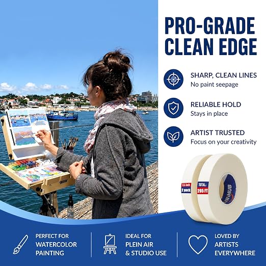 2 Pack Artist Tape for Watercolor Paper, 0.6 in Wide 295 FT Long | Professional Art Tape, White Masking Artists Tape for Drafting, Painting, Canvas Framing - Acid Free