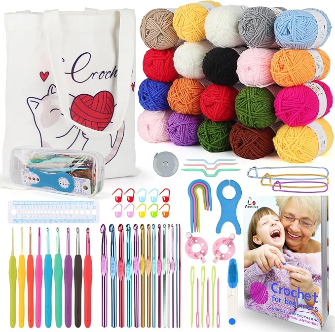 Aeelike Crochet Starter Kit with Everything, White | 1093 Yards Acrylic Yarn for Crocheting, 78pcs Crochet Set and Step-by-Step Instruction for Beginners Tote Storage Bag