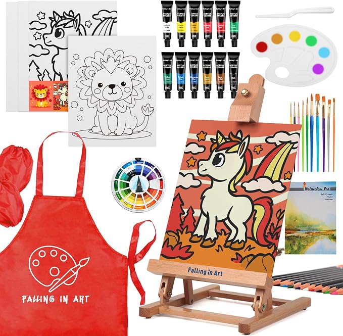 Falling in Art 52 Pcs Acrylic Paint Set with Table Easel, Red | Art Painting Kit with Paints, Canvas Panels, Paintbrushes, Canvas Supplies Kit for Kids, Adults, Beginners, and Artists