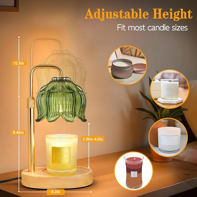 XJZJY Green Flower Candle Warmer Lamp with Timer, Birthday Gifts for Women | Dimmable wax melt warmer with 2 bulbs for jar candles, height adjustable, lotus flower lamp, home decor, housewarming gift