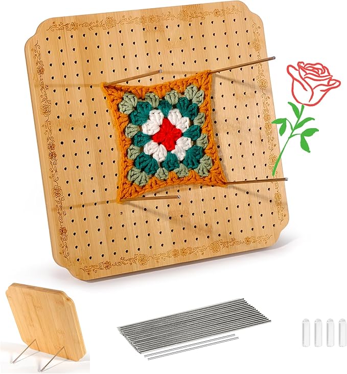 CraftyManor 10 in Blocking Boards for Crochet Projects with Rose Pattern, Crochet Blocking Board with Pegs, Granny Square Blocking Board with 20 Stainless Steel Pegs, Bamboo