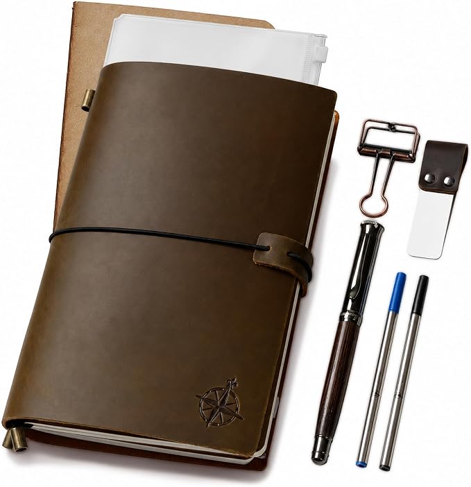 WANDERINGS A5 Travelers Notebook Bundle – 6" x 8.5" (15 x 22cm) – Genuine Leather Journal with Pen Holder, Pen, 2 Ink Refills, PVC Folder & Binder Clip