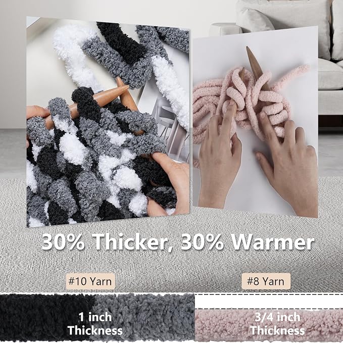 Cozyful Chunky Yarn for Hand Knitting - #10 Chunky Chenille Blanket Yarn, Jumbo Big Thick Chunky Yarns for Crocheting, Tie Dye Bulky Knit Yarns, 8 Skein (20 yds 8 oz Each Skein), Black & Grey & White