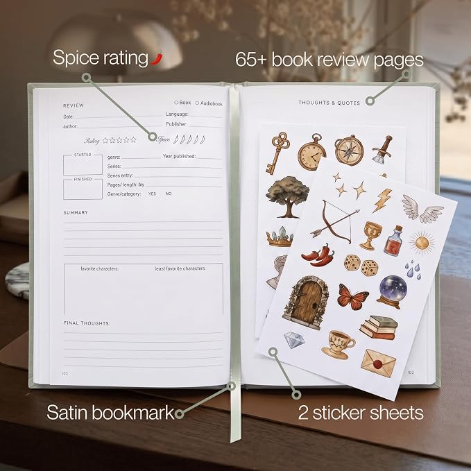 Reading Journal for Book Lovers – Book Accessories Linen Hardcover Book Journal with Slipcase, Reading Log & Review Pages (67 Books), Fantasy Aesthetic Cover, Sticker Sheets Included, Book Tracker Gift for Readers (Sage Green)