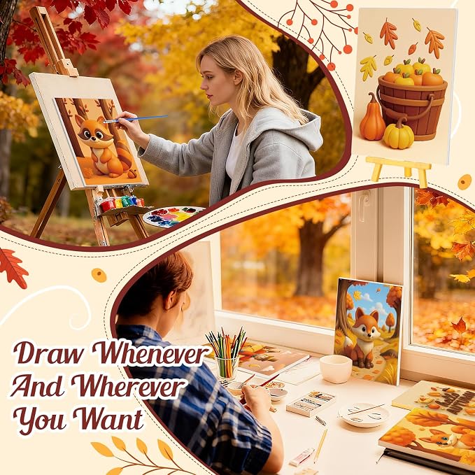 Blosssound 24 Pack Fall Pre Drawn Canvas Painting Kit 5 x 7 Inch Pre Printed Canvas to Paint with Easel, Paint Pots Brushes Stretched Panels Bulk for Adult Autumn Thanksgiving Sip Party Student DIY
