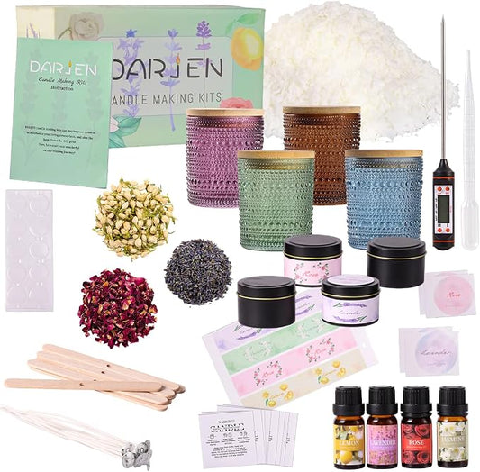 DARJEN Candle Making Kit for Adult, 4 Jars & 4 Tins Soy Wax Scented DIY Set | 100% Soy Wax, 10oz Glass Jars, 4oz Tins, Cotton Wicks, Pleasant Scents, Instruction& More- Perfect as Home Decorations