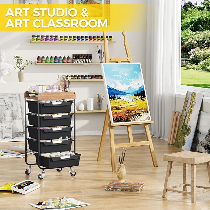 SYKIARIOL Utility Cart with 5 Labeling Drawers and Wooden Tabletop,Black | Rolling Storage Cart for Crafters, Artists, Kids, Teachers, and Students – Organize Arts, Crafts, Sewing & Study Supplies