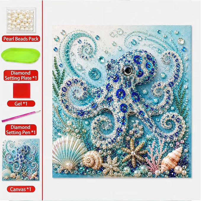 Ocean Theme Pearl Art DIY Kit, Octopus Wave 3D Pearl Craft Kit, Sea Turtle | Sparkling Coastal Pearls Mosaic Art with Pearls & Rhinestones, Ocean Diamond Art for Adults, DIY Home Wall Decor Gift