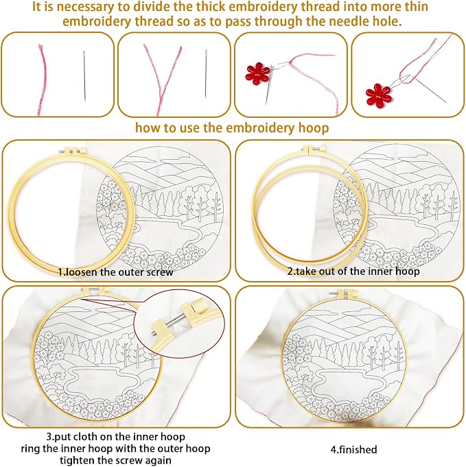 BEUNITONE 6 Pack Hand Embroidery Starter Kit for Adults with Pre-Print Scenery Pattern, Needlepoint Kits with Embroidery Hoop and Instructions, DIY Funny Craft Kits for Gifts and Home Decor